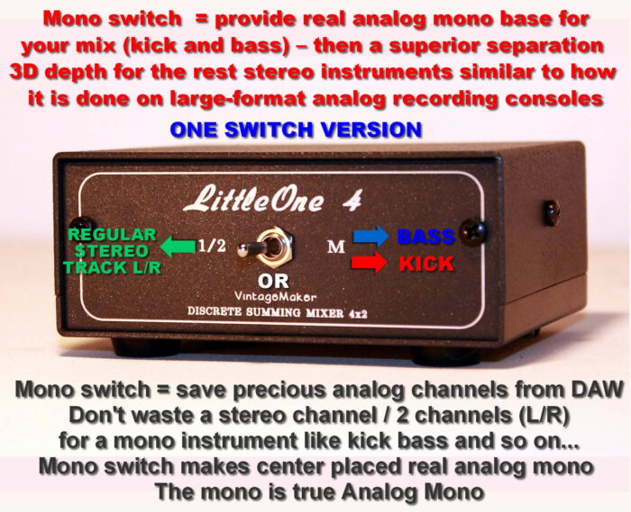 LT4 stm mono switch analog mono summing box mixer for M-Audio, Audient, RME, Apogee, Behringer, Tascam, Roland, Prism, Presonus, Focusrite, Motu, Antelope