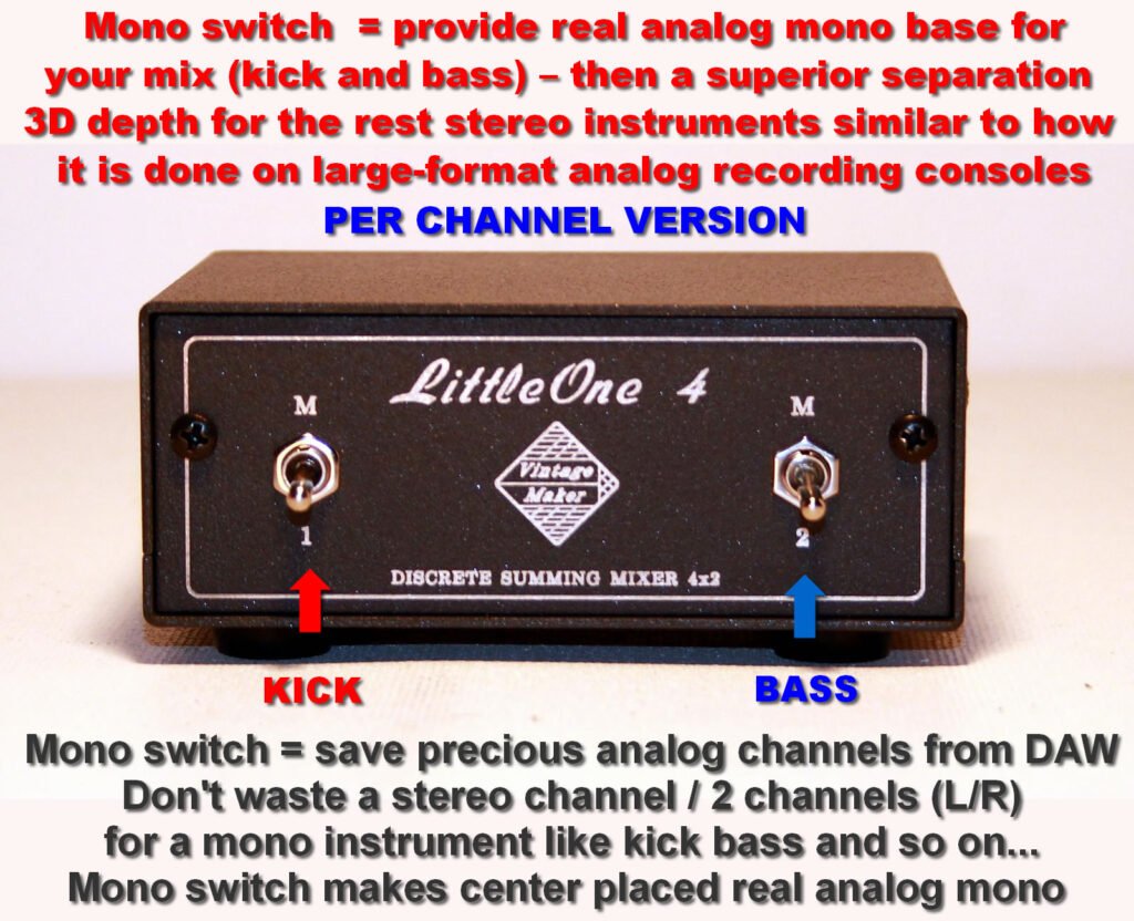 analog mono switch summing mixer for M-Audio, Audient, RME, Apogee, Behringer, Tascam, Roland, Prism, Presonus, Focusrite, Motu, Antelope