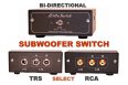 subwoofer switch bi directional 1 IN → 2 OUT / 2 IN → 1 OUT Subwoofer Select Switch – TRS or RCA – Stereo Speaker Select Switcher