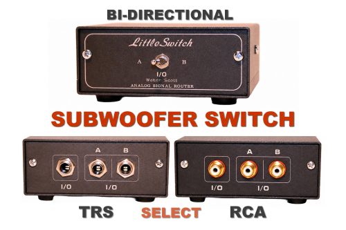 subwoofer switch bi directional 1 IN → 2 OUT / 2 IN → 1 OUT Subwoofer Select Switch – TRS or RCA – Stereo Speaker Select Switcher
