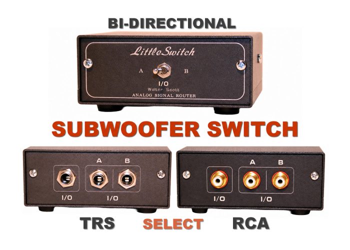subwoofer switch bi directional subwoofer switch bi directional 1 IN → 2 OUT / 2 IN → 1 OUT Subwoofer Select Switch – TRS or RCA – Stereo Speaker Select Switcher