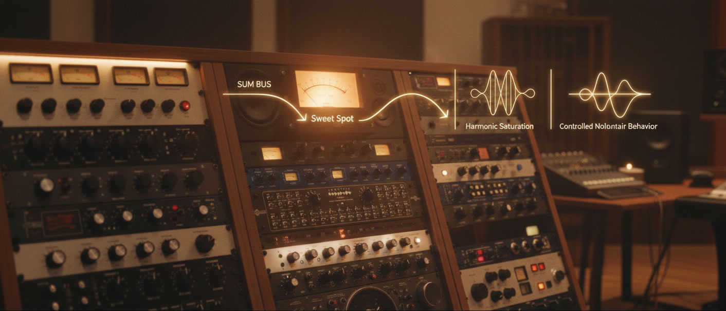 A professional recording studio setup featuring high-end outboard gear and an infographic explaining the analog summing sweet spot, harmonic saturation, and controlled nonlinear behavior