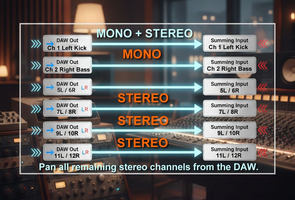 How to connect a Summing Mixer ? Setting up a summing box for OTB mix. 4 Mono summing mixer routing example showing 2 mono inputs centered in a DAW setup