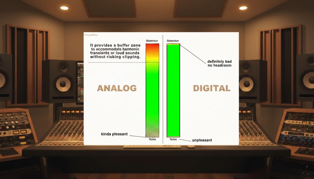 How Analog Summing Creates Warmth and Harmonics in a Mix 6 Infographic comparing analog and digital audio headroom in a professional recording studio, showing harmonic distortion vs digital clipping.