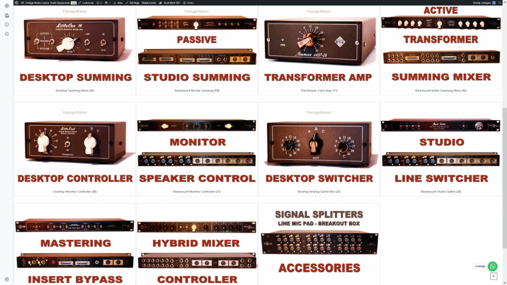 Übersicht der VintageMaker Studio-Kategorien: Summing Mixer, Monitor Controller, Audio Switcher und mehr – maßgeschneiderte analoge Studiogeräte.