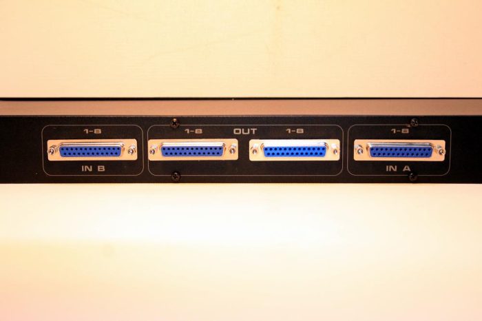 2-Way DB25 studio switch box – passive balanced line-level audio selector with dual Tascam DSUB inputs, A/B input switches, and dual 8-channel DSUB outputs in a 1U rackmount enclosure. 2-Way DB25 studio switch box – passive balanced line-level audio selector with dual Tascam DSUB inputs, A/B input switches, and dual 8-channel DSUB outputs in a 1U rackmount enclosure.