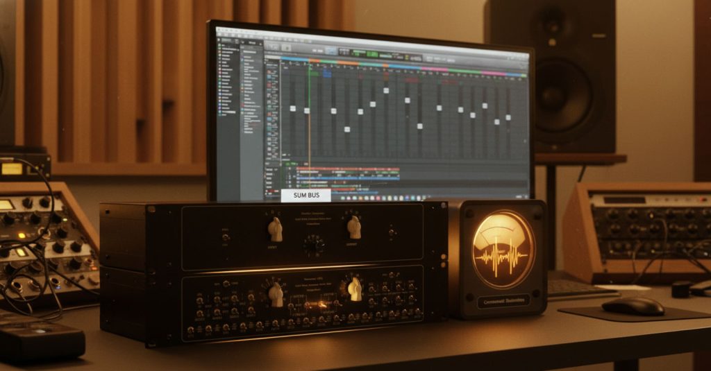 Analog Headroom Explained: Why Headroom Is Meant to Be Used, Not Avoided 11 Professional studio setup with a DAW monitor and analog summing gear showing warm harmonic saturation and a glowing VU meter.