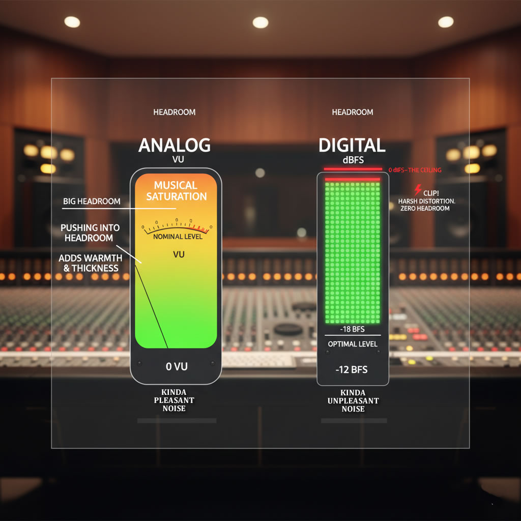 Analog vs digital audio headroom comparison showing musical saturation versus digital clipping