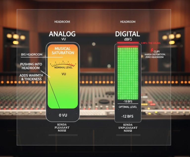 Analog vs digital audio headroom comparison showing musical saturation versus digital clipping