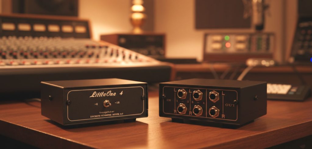 Best custom made mini passive summing mixers for home and pro studio producers 10 LittleOne 4 discrete summing mixers sitting side-by-side on a wooden desk in a cozy recording studio; one unit showing the front panel with the LittleOne logo and toggle switch, the other showing the 1/4 inch TRS input and output jack layout on the back.