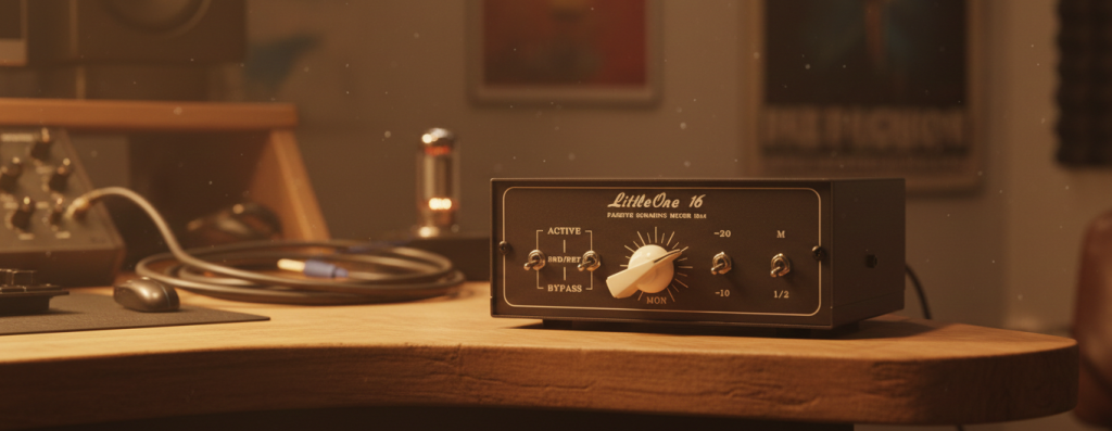 Best custom made mini passive summing mixers for home and pro studio producers 1 VintageMaker LittleOne 16 desktop passive summing mixer in a warm ambient recording studio setting.