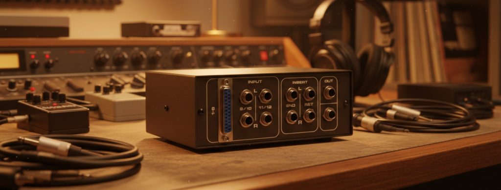 16-24 Channel Desktop Passive Summing Mixer 7 High-fidelity analog summing mixer in a studio environment, showing TRS and D-Sub connections, perfect for desktop and professional analog summing