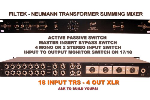 18x4 Analog Summing Mixer – Neumann Transformer – TRS In, XLR Out