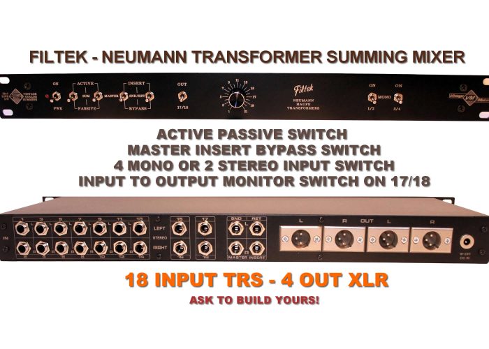18x4 Analog Summing Mixer – Neumann Transformer – TRS In, XLR Out