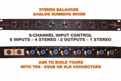 8x2 Passive Summing Mixer with Precision Input Attenuators – XLR / TRS / DB25 I/O 1U 8 ch volume control summing mixer