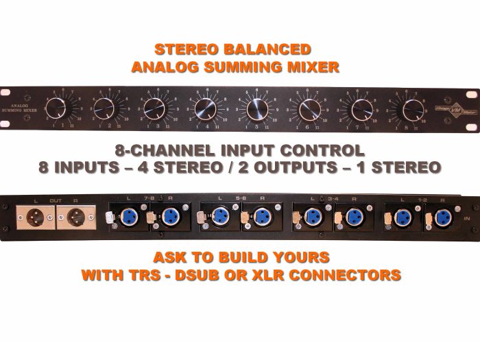 1U 8 ch volume control summing mixer 8x2 Passive Summing Mixer with Precision Input Attenuators – XLR / TRS / DB25 I/O 1U 8 ch volume control summing mixer