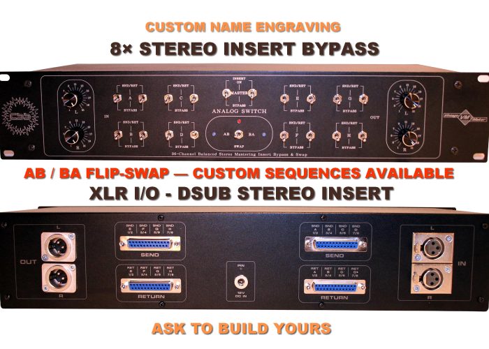 2U 8 stereo balanced mastering insert swap switch 8 x Stereo Mastering Insert Bypass & Flip-Swap – I/O Precision Attenuator