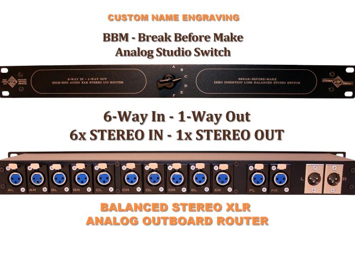 12 in 6 way xlr bbm analog studio switch 12-In / 6-Way In – 2-Out / 1-Way Out XLR Studio Mastering Switch | BBM Analog Outboard Signal Router